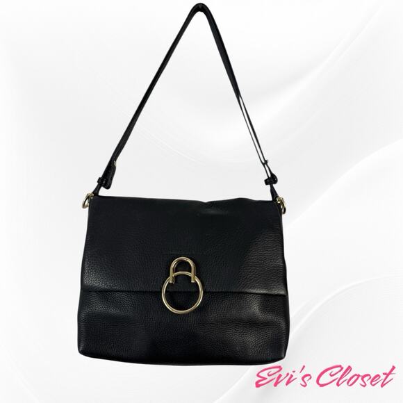Vince Camuto Black Leather Foldover Handbag With Double Straps Gold Accents - Picture 1 of 15